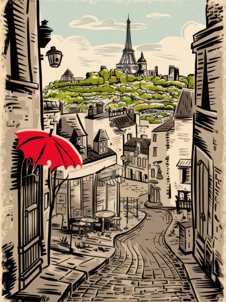 Black and white sketch-style poster of Montmartre streets with red umbrella, showing Eiffel Tower in distance