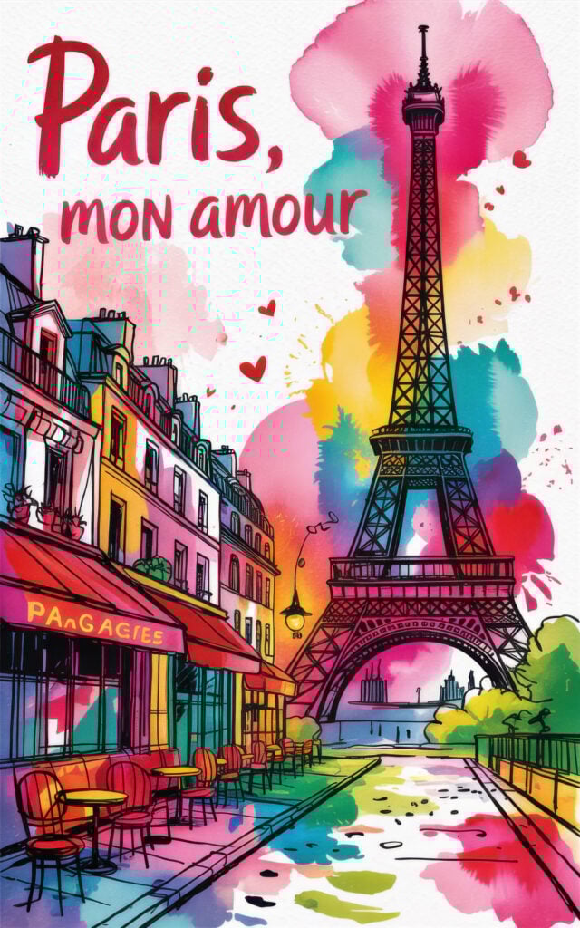 Watercolor-style poster with "Paris, mon amour" text, featuring Eiffel Tower surrounded by colorful paint splashes and hearts