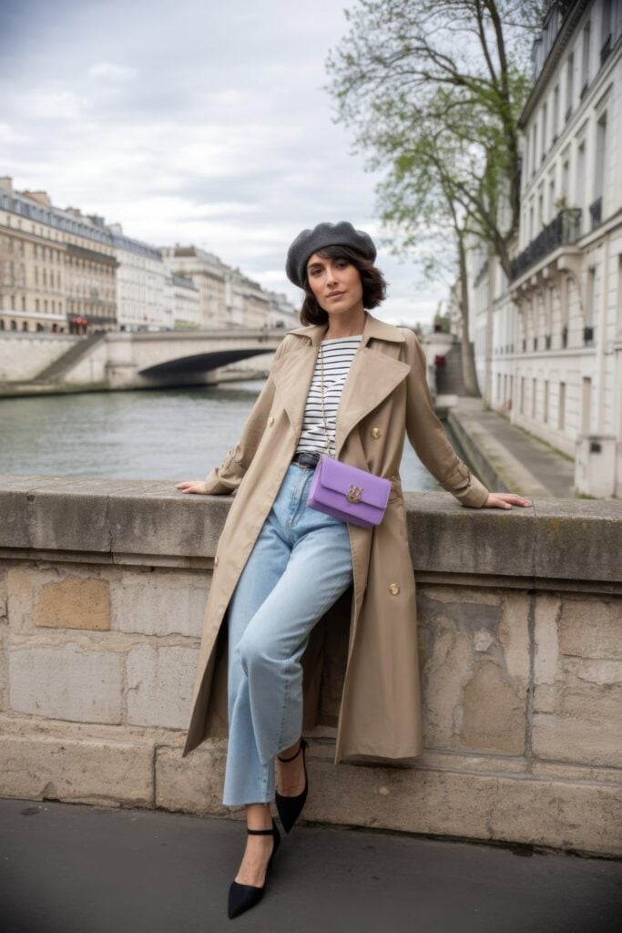 Woman in camel trench coat, striped shirt, and gray beret sitting by the Seine River with purple handbag, classic Parisian winter style