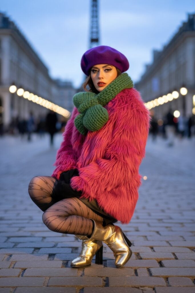 Woman in bright pink faux fur coat, purple beret, green knit scarf, and gold boots crouching on cobblestone street with Eiffel Tower in background