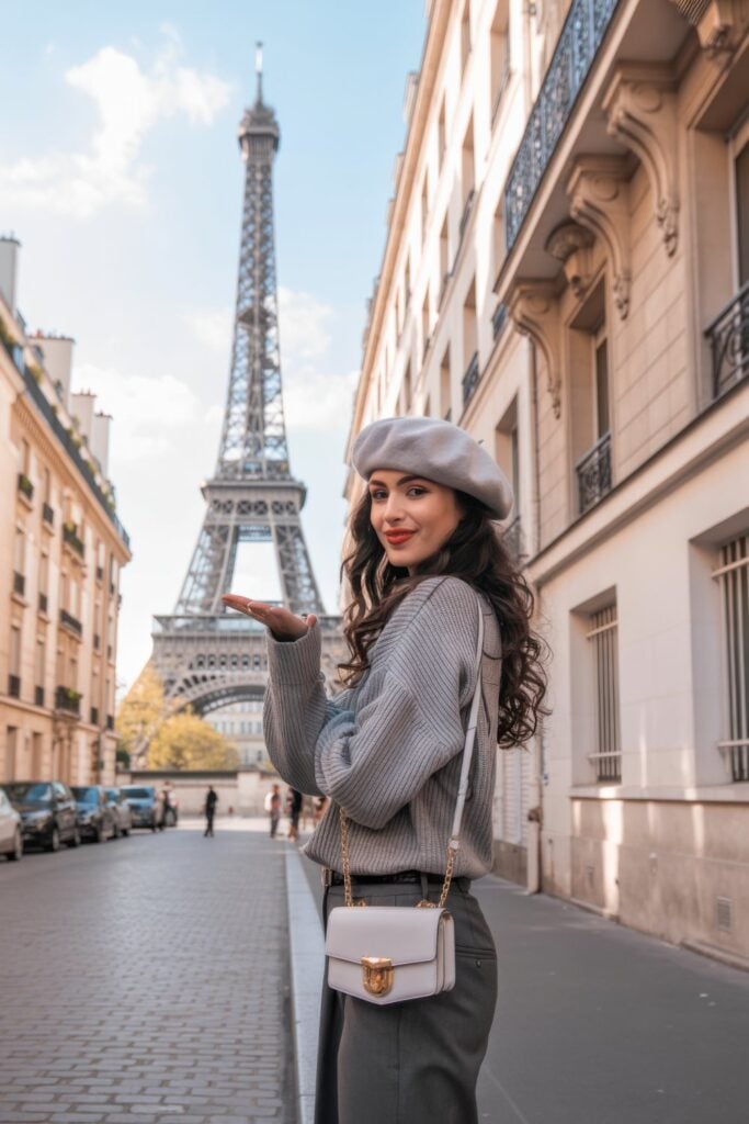 Woman in taupe beret, gray ribbed sweater, and olive pants with small chain-strap bag posing near Eiffel Tower on cobblestone street