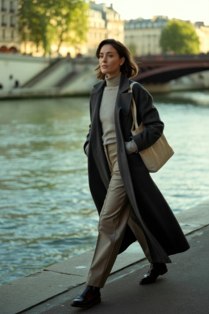 Woman in long dark coat, beige turtleneck and matching trousers with beige handbag walking along Seine River with bridge in background