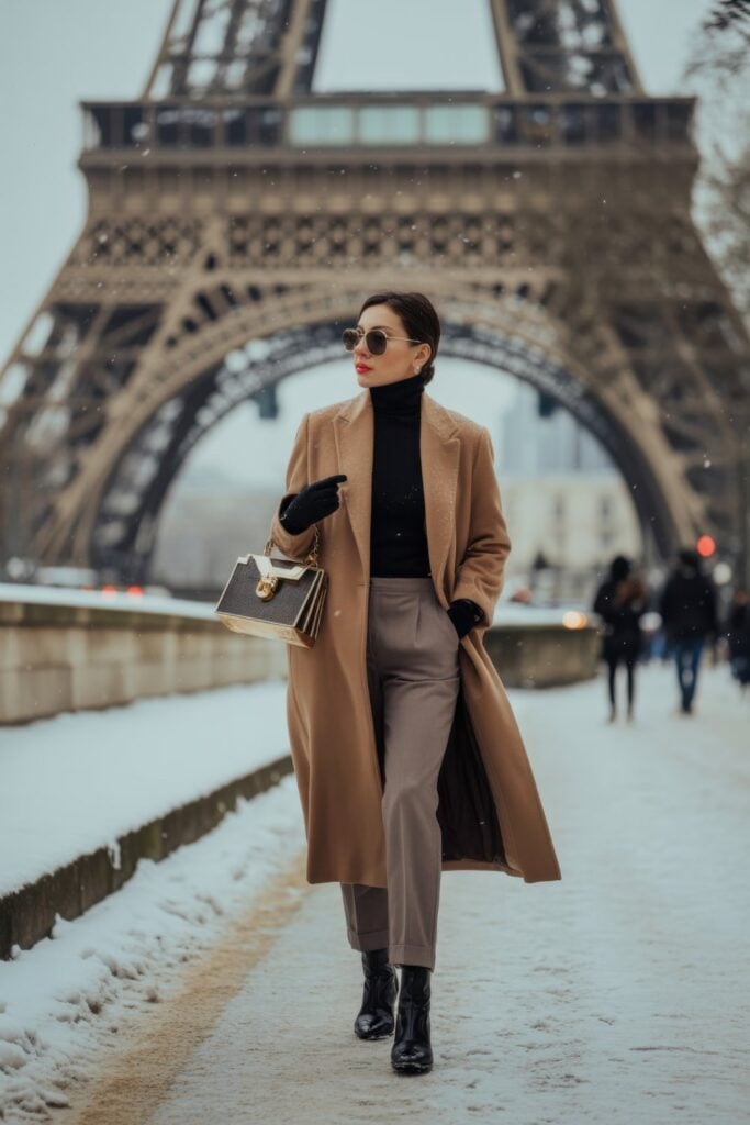 Woman in camel coat, black turtleneck, taupe trousers, and leather gloves walking in snow near Eiffel Tower with designer handbag