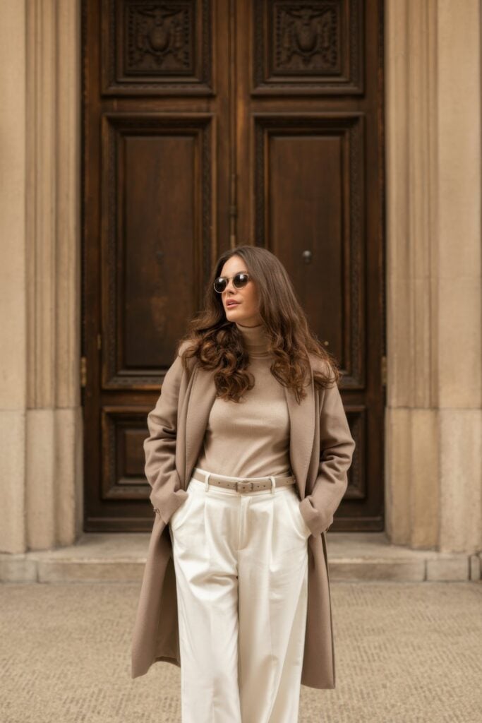Brunette woman in beige coat, matching turtleneck, white wide-leg trousers, and aviator sunglasses standing by ornate doors