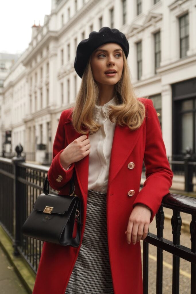 Blonde woman in bright red double-breasted coat, black beret, and houndstooth skirt standing on Parisian street with black handbag
