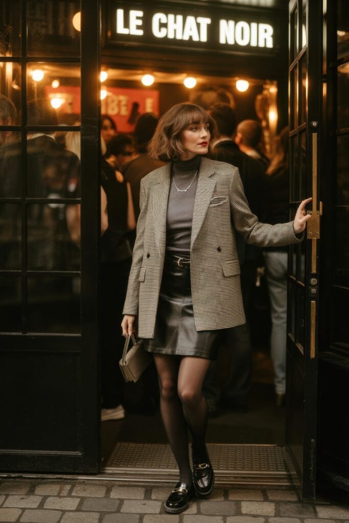 Woman in houndstooth blazer, black leather skirt, and chunky loafers entering Le Chat Noir bistro with warm lighting and crowd inside