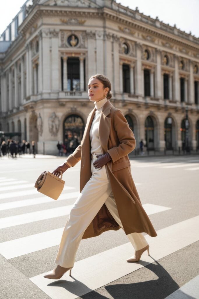 Woman in camel coat, cream turtleneck, and matching wide-leg trousers with structured handbag walking past ornate Parisian building