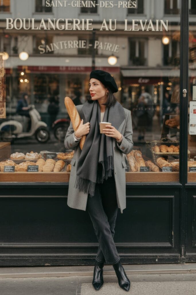 Woman in black beret, grey coat, and dark scarf holding baguette and coffee cup outside traditional French boulangerie