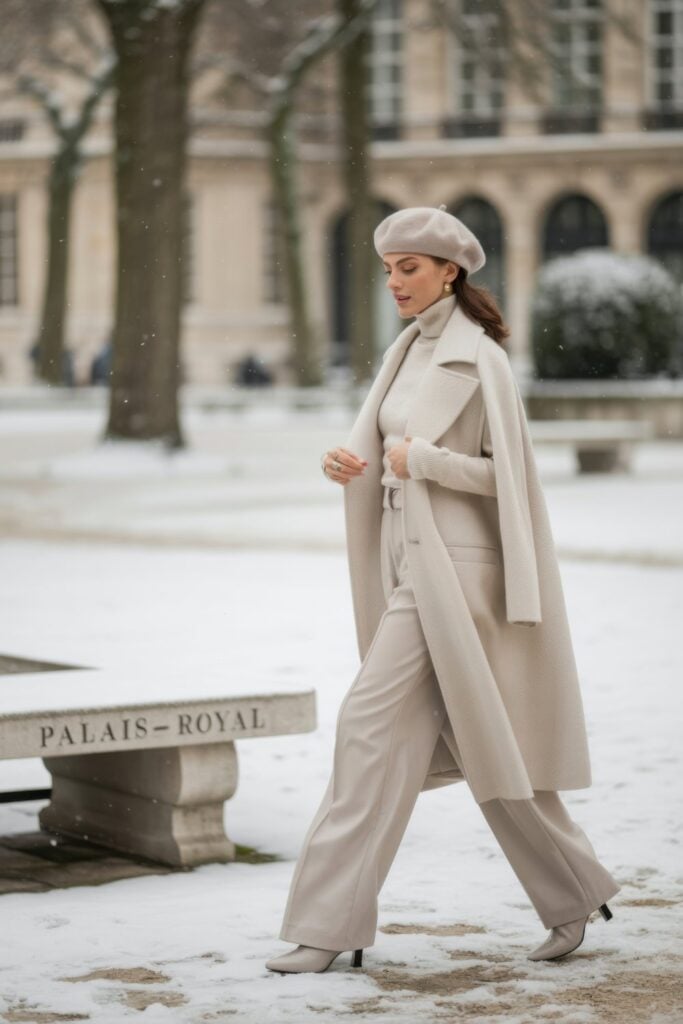 Woman in cream beret, beige coat, matching turtleneck and wide-leg trousers walking in snowy Palais Royal gardens