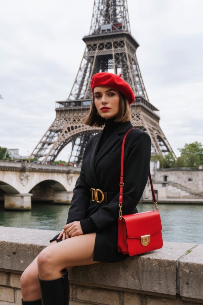 Woman in black belted coat and red beret with matching red handbag posing by the Eiffel Tower and Seine River