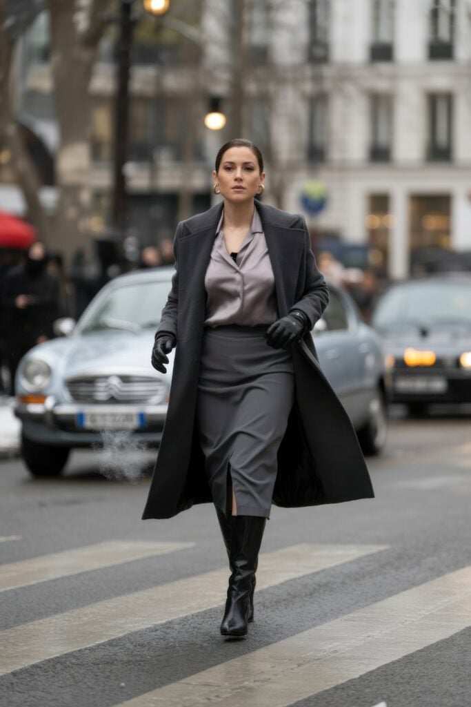 Woman in black long coat, grey silk blouse, matching grey skirt, and black knee-high boots with leather gloves walking on Parisian street