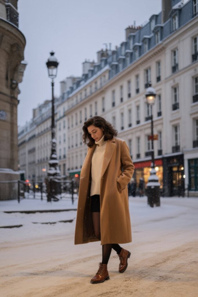 Woman in camel wool coat, cream turtleneck, black skirt, and brown leather boots walking in snow on Parisian street at dusk