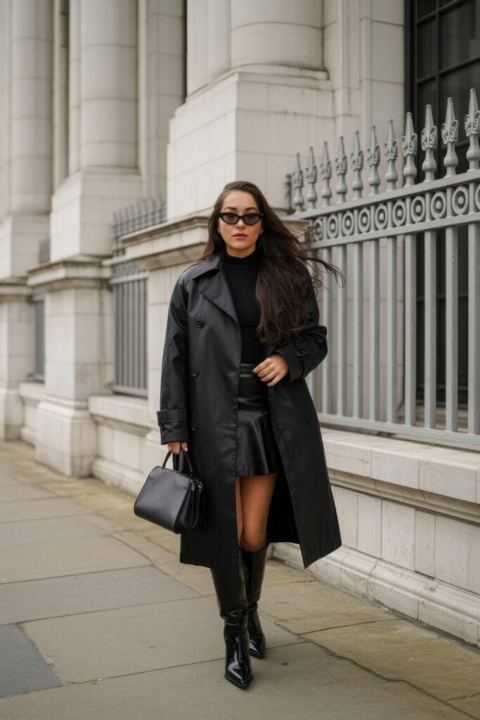 Woman in black trench coat, black turtleneck, black leather mini skirt, and black knee-high boots with sunglasses and handbag by ornate building