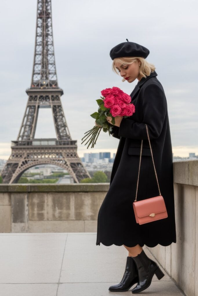 Blonde woman in black beret, black scalloped-hem dress, and black ankle boots holding pink roses with coral crossbody bag at Eiffel Tower