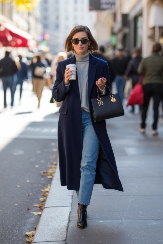 Woman in navy long coat, gray turtleneck, cropped jeans, and black ankle boots with designer handbag and sunglasses walking on busy Parisian street