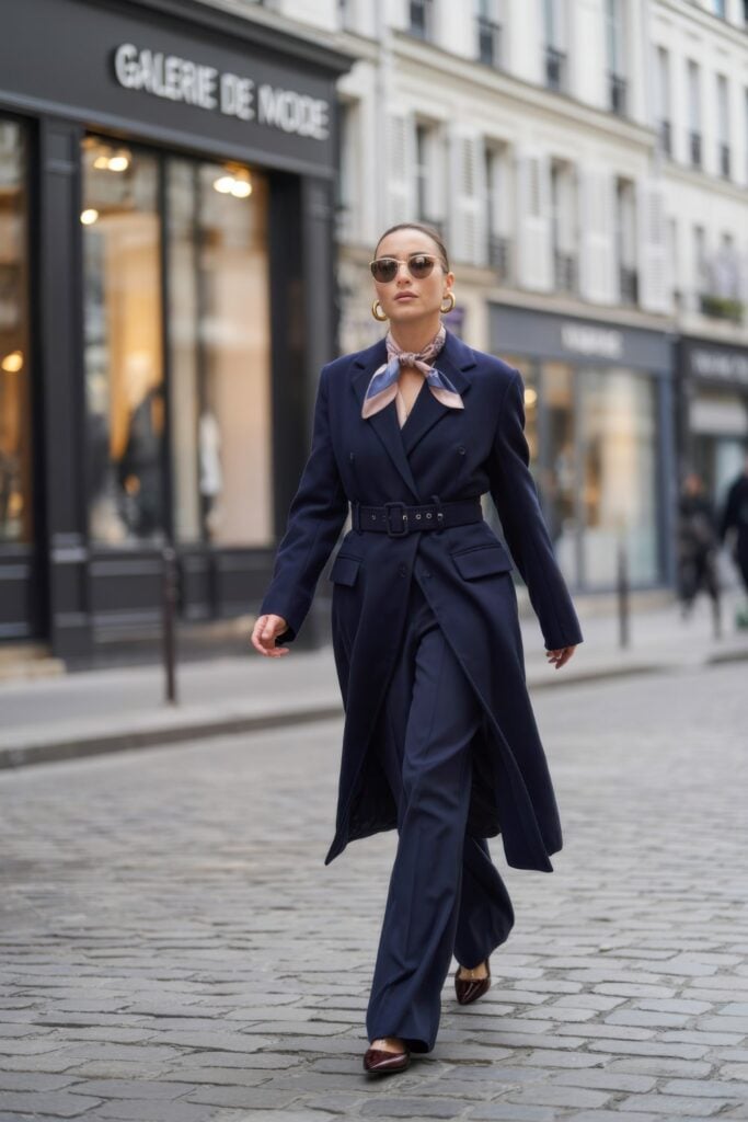 Woman in navy blue belted trench coat with silk scarf and sunglasses walking on cobblestone Parisian street