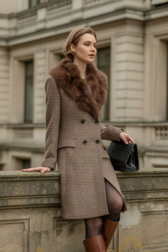 Blonde woman in brown houndstooth coat with fur collar, cognac knee-high boots, and dark clutch sitting on stone steps of classical building