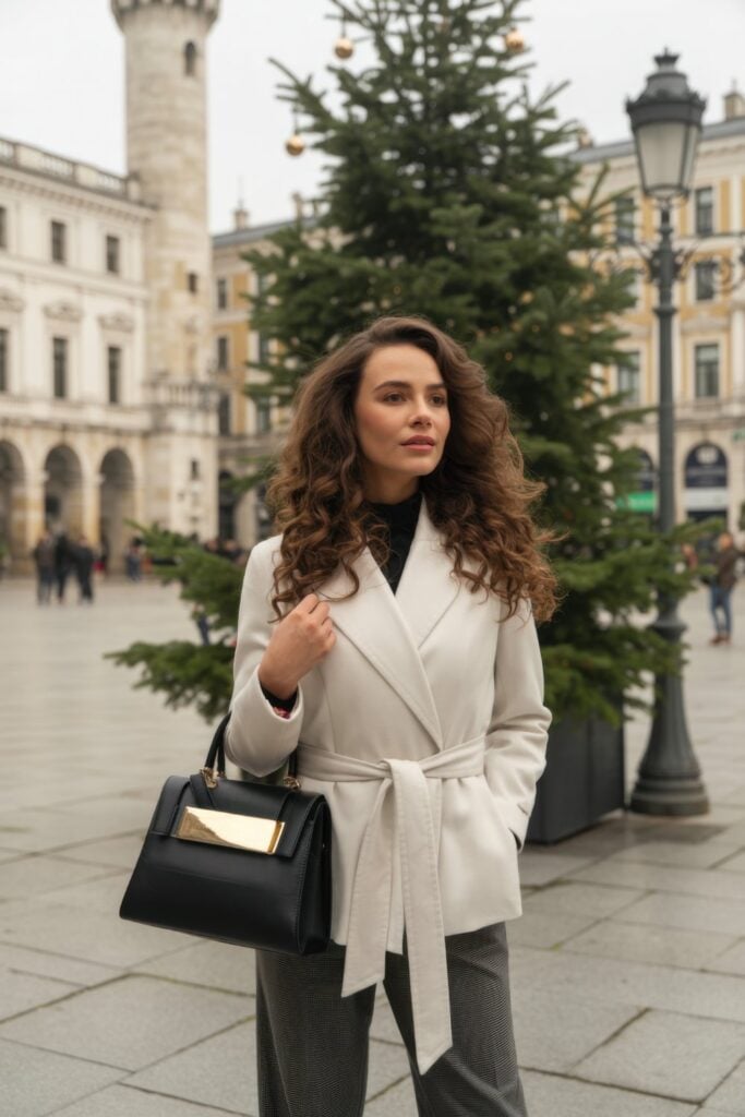 Woman in white belted wrap coat, black turtleneck, and dark tailored trousers with structured black handbag in front of Christmas tree in city square