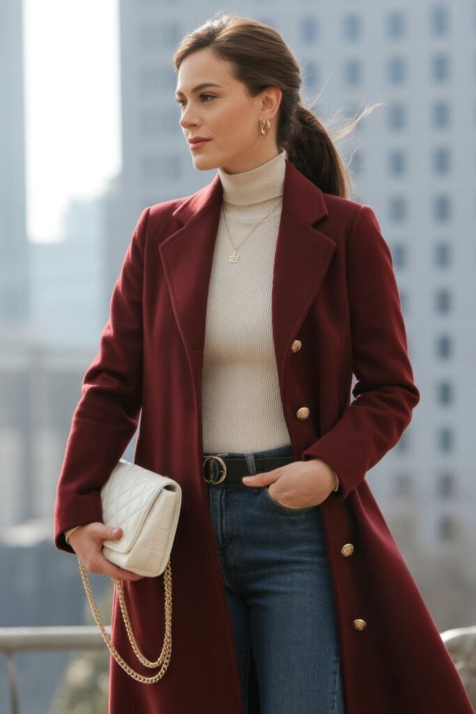 Woman in burgundy double-breasted coat, cream ribbed turtleneck, and dark jeans with white quilted handbag against urban backdrop