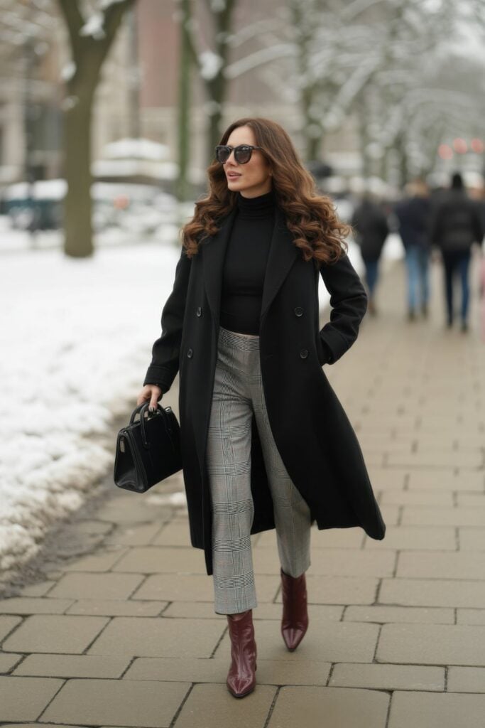 Woman in long black double-breasted coat, gray plaid trousers, and burgundy boots walking on snowy Parisian street with black handbag