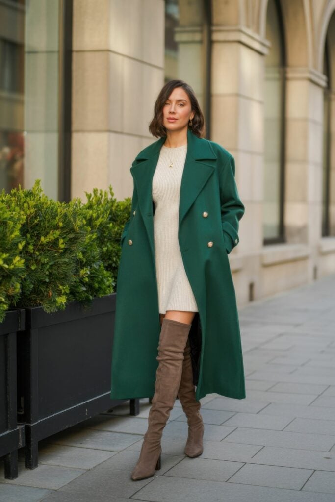 Woman in emerald green double-breasted coat, cream sweater dress, and taupe over-the-knee boots on Parisian street