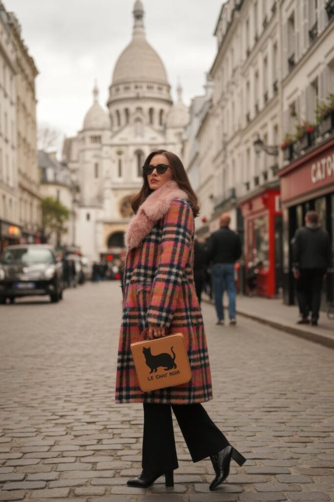 Woman in colorful plaid coat with pink fur collar, black pants, and cat-themed handbag walking on cobblestone street near Sacré-Cœur