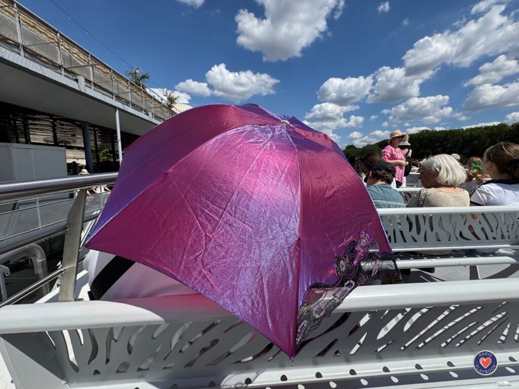 Tourists aboard Seine River Cruise with Umbrella Up
