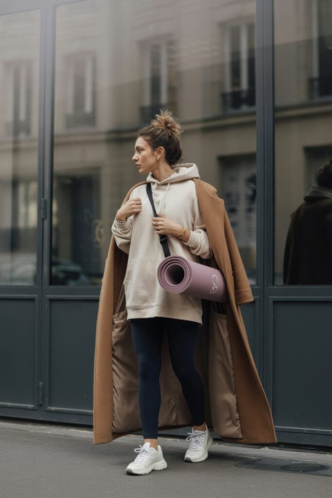 Woman in camel wool coat, cream hoodie, black leggings, and white sneakers carrying pink yoga mat on Parisian street