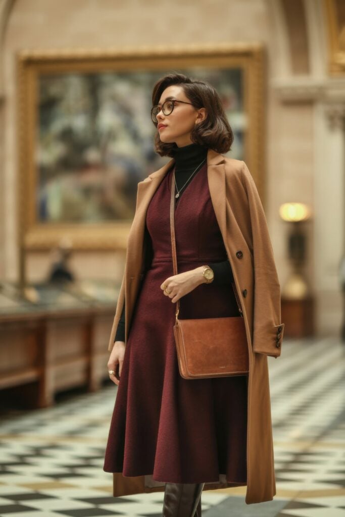 Woman in camel wool coat over burgundy midi dress with crossbody bag and glasses, posed in museum setting