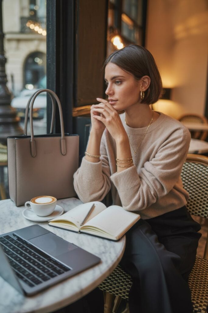 Woman in oversized beige sweater and layered gold jewelry sitting at café table with laptop, notebook, and coffee, next to window with taupe handbag