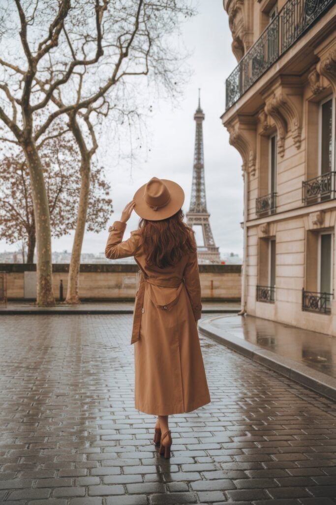 Woman in camel trench coat and matching wide-brimmed hat walking on wet cobblestones with Eiffel Tower visible in background, shot from behind