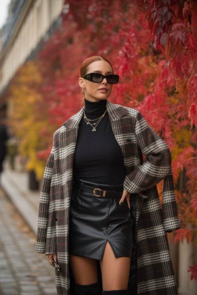Woman in oversized black and white plaid coat, black turtleneck, leather mini skirt, and dark sunglasses against autumn foliage backdrop