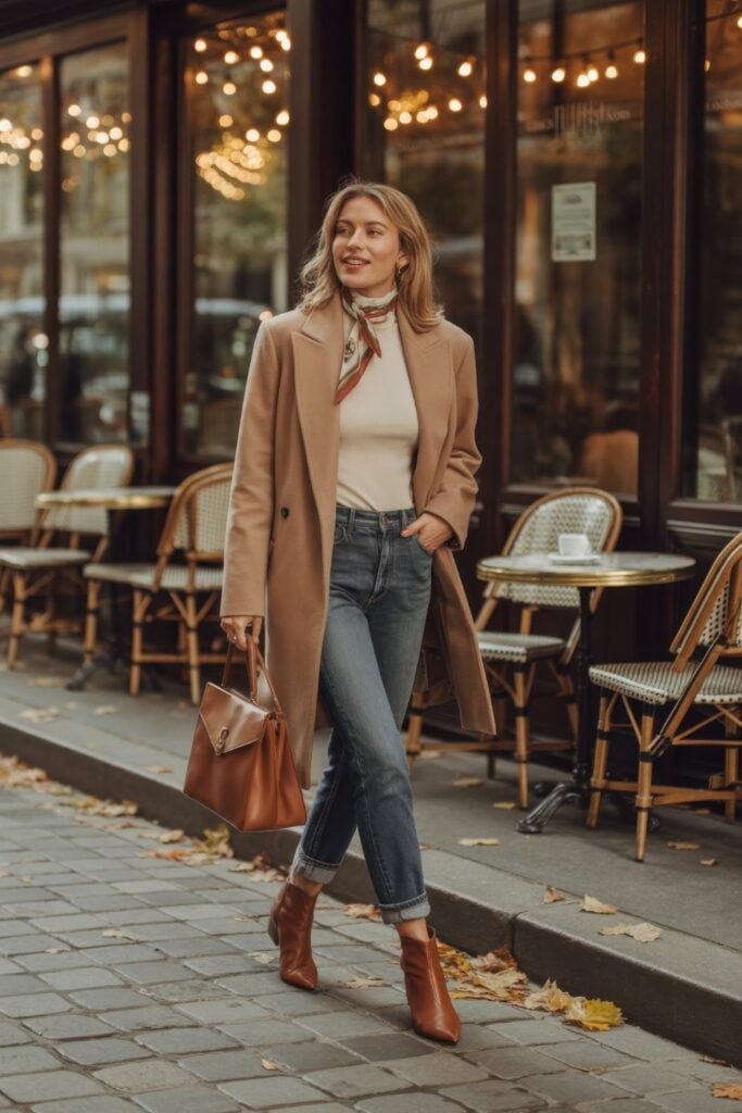 Woman in camel coat, cream sweater, jeans, and printed silk scarf carrying leather handbag outside traditional Parisian café