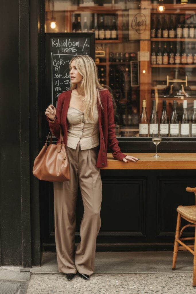 Woman in burgundy ribbed cardigan, beige corset top, taupe wide-leg trousers, and black pointed flats outside Paris wine bar with cognac bag