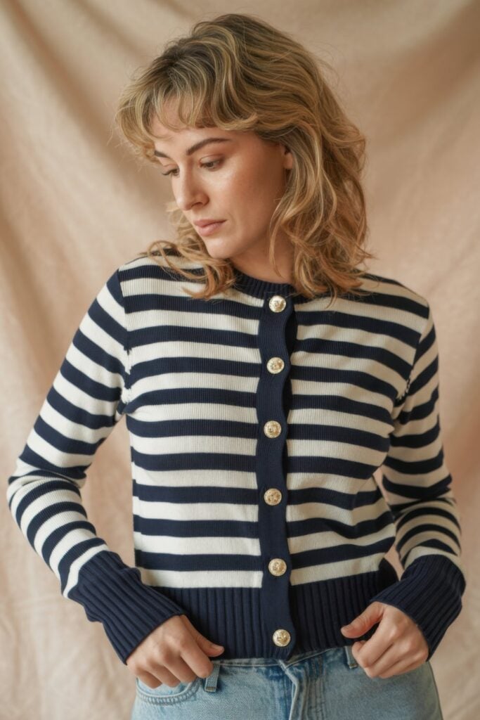 Woman wearing navy and cream striped button-front cardigan with gold buttons and light-wash jeans in studio portrait