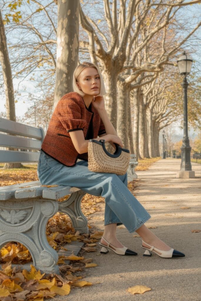 Woman wearing rust orange textured blazer, black t-shirt, cropped blue jeans, beige and black slingback flats, and woven handbag on Paris park bench
