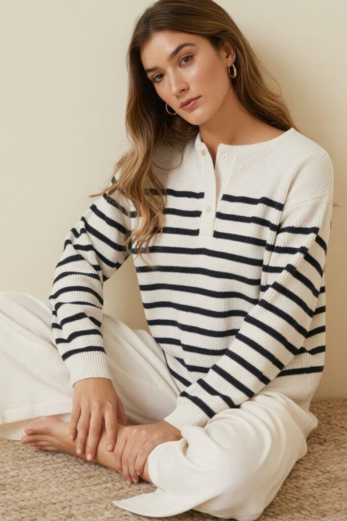 Woman in cream and navy striped ribbed henley top with button placket and matching cream ribbed joggers sitting cross-legged
