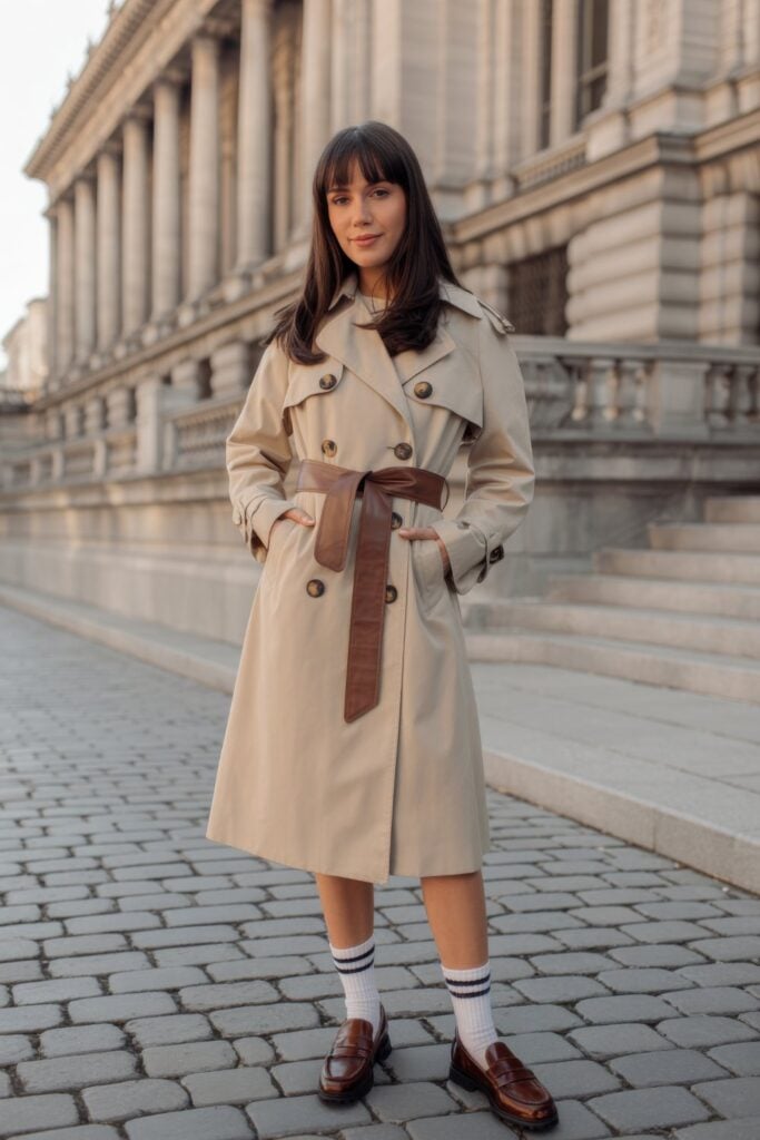 Woman in beige double-breasted trench coat with brown leather belt, white striped athletic socks, and brown penny loafers on Paris cobblestones