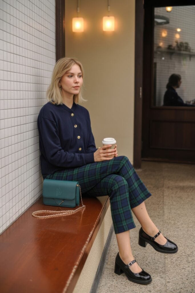 Woman wearing navy button-front cardigan, navy and green blackwatch plaid cropped trousers, black patent mary jane heels, and teal crossbody bag