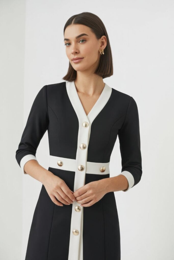 Woman in black knit cardigan dress with white contrast trim and gold button closure in studio portrait with pearl cluster earrings