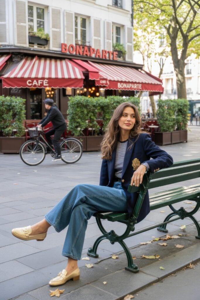 Woman in navy double-breasted blazer with gold buttons, striped shirt, wide-leg jeans, and beige chain-detail loafers on Paris park bench