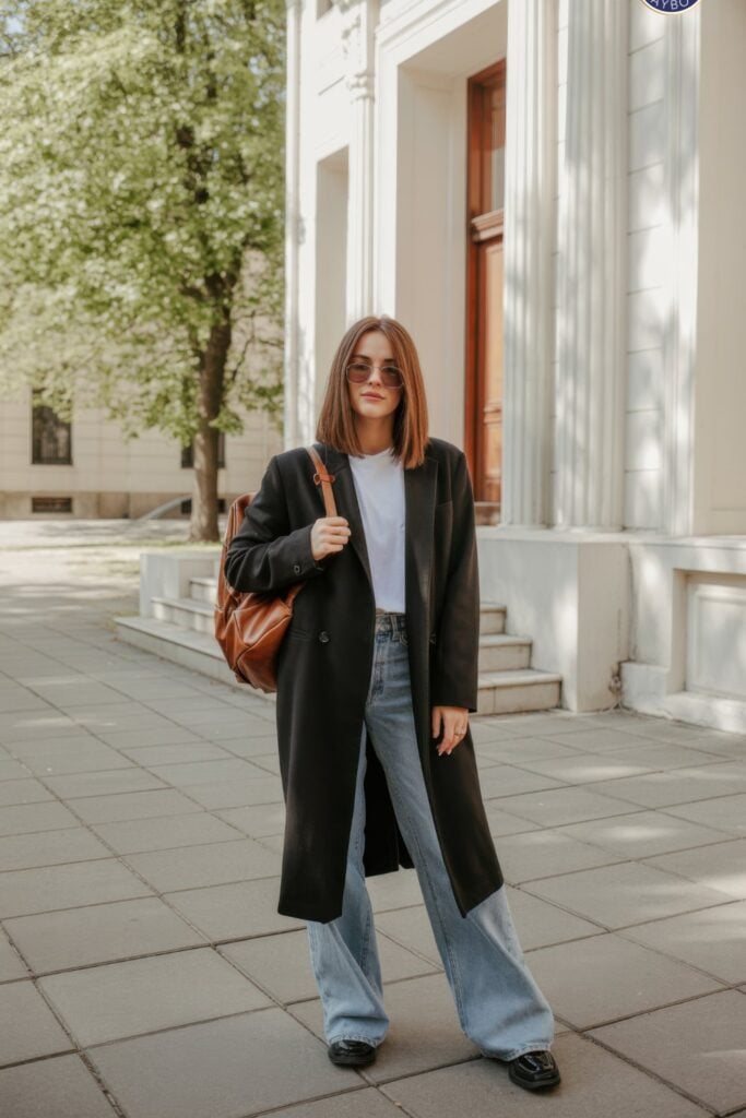 Woman wearing long black double-breasted blazer, white t-shirt, light-wash wide-leg jeans, black patent loafers, cognac leather backpack, and round sunglasses