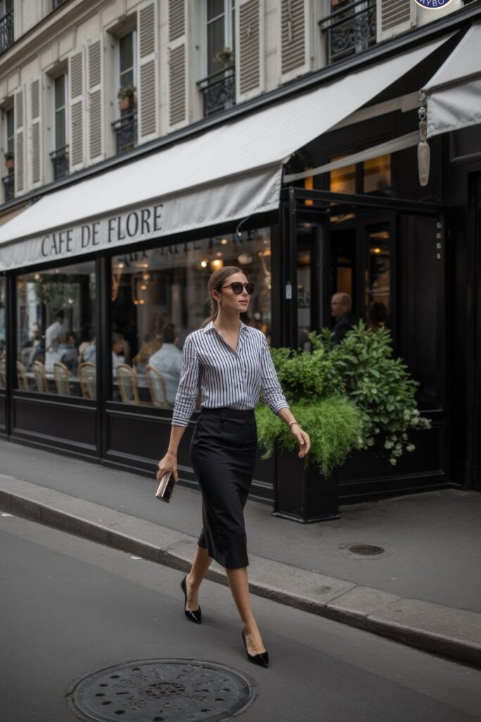 Woman in white and navy vertical striped button-down shirt, black satin midi skirt, black pointed-toe pumps, and oversized sunglasses on Paris street