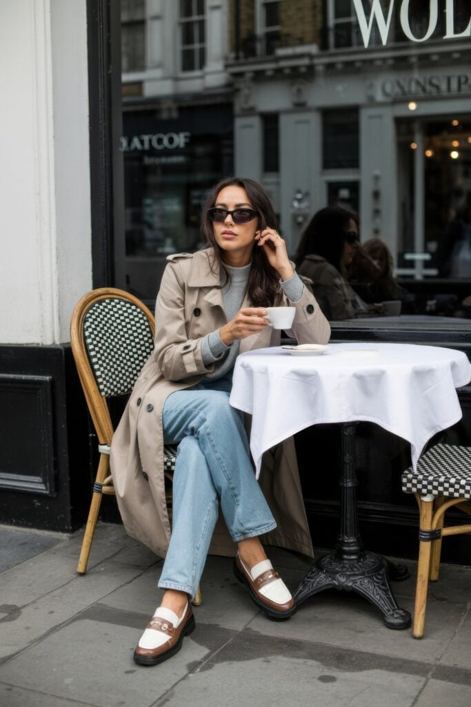 Woman sitting at Paris café in beige trench coat, gray sweater, light-wash jeans, and brown-and-white loafers with sunglasses