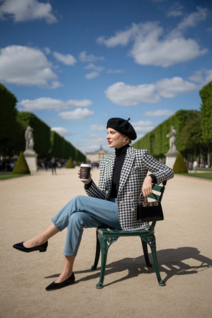 Woman wearing oversized houndstooth blazer, black turtleneck, wool beret, and straight-leg jeans in Paris park with coffee cup