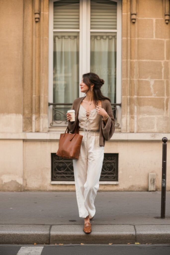 Woman in beige lace-up cami top with brown knit cardigan, cream wide-leg trousers, cognac loafers, and leather tote bag on Paris street