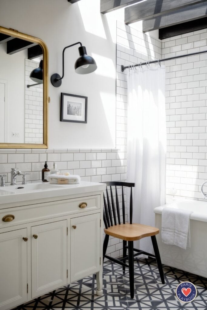 Classic Parisian bathroom with white subway tiles, brass-framed mirror, black industrial sconces, cream vanity with brass hardware, and black and white geometric floor tiles