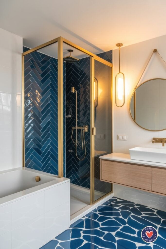 Modern Parisian bathroom with navy blue herringbone shower tiles, brass-framed shower enclosure, oval pendant light, wood floating vanity, and organic blue patterned floor tiles