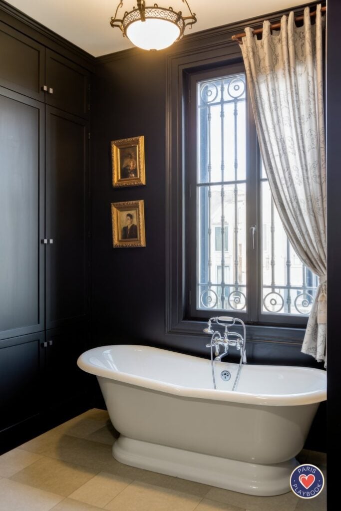 Dramatic Parisian bathroom with charcoal gray walls, white freestanding tub, gilt-framed portrait paintings, ornate brass ceiling light, and French doors with wrought-iron balcony