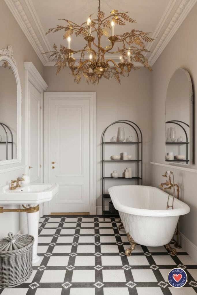 Elegant Parisian bathroom with ornate brass fern chandelier, white clawfoot tub with gold feet, black arched shelving, console sinks with brass fixtures, and geometric black and white floor tiles